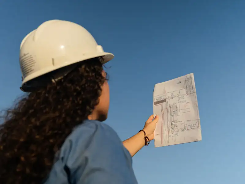 Engineer in a hard hat reviewing paperwork on site
