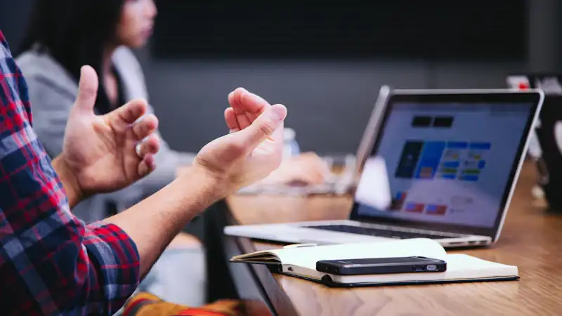 Consultant gesturing during a client meeting with a laptop