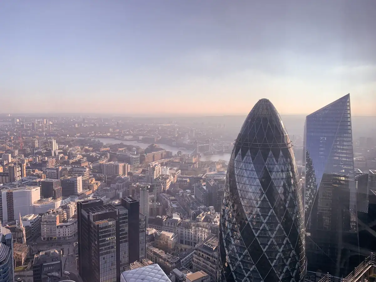 London skyline with the Gherkin and the River Thames in low sun