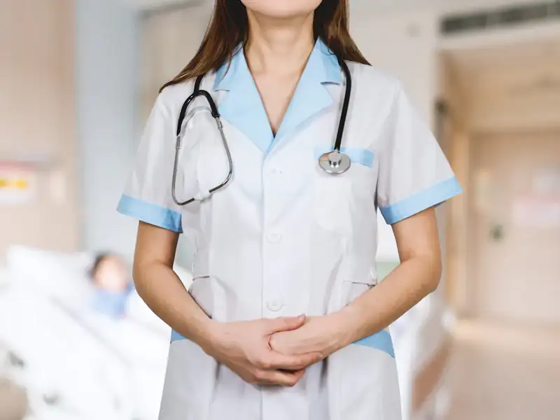 Nurse in uniform with a stethoscope, representing healthcare staffing