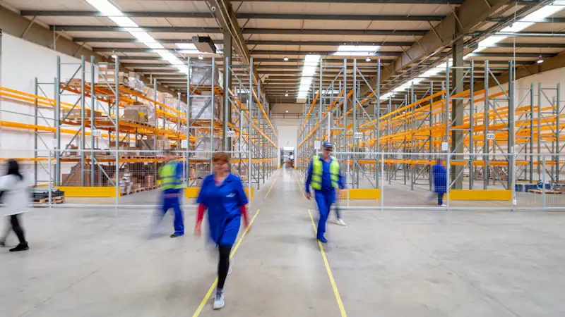 Workers walking through a warehouse aisle