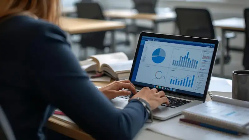 Woman working on a laptop with charts and graphs